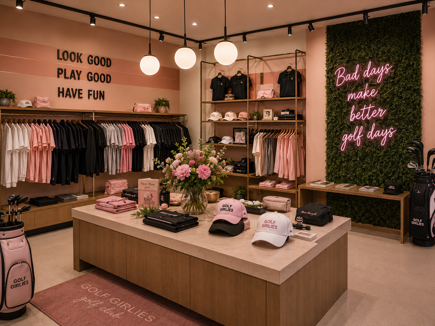 Golf Girlies boutique interior with apparel, accessories, and Golf Girlies branded hats